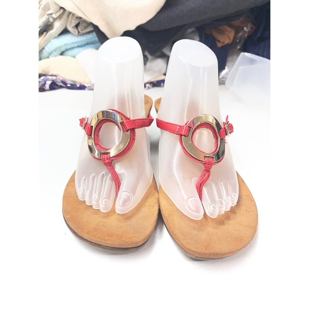 Vionic Orchid Red Leather Wedge Sandals Gold Ring Thong Slingback Women 9